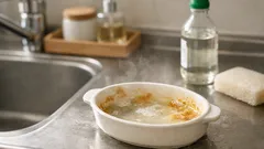 グラタン皿の焦げチーズがこすらず落ちる、熱い湯+酢の浸け置き術