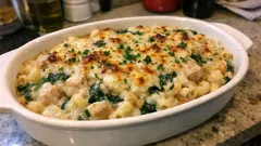 市販ホワイトソースで手早く。鶏むね肉とほうれん草のマカロニグラタン(こんがりチーズ)