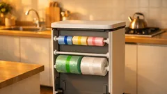 ゴミ袋の置き場所問題を解決するゴミ箱の裏収納、突っ張り棒2本でワンアクション