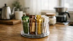 ダイソーの回転式ペンホルダーがキッチンで大活躍、スティック飲料の定位置が決まる