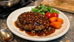 牛ひき肉100％でふっくらジューシー：休ませて焼く洋食屋さん風ハンバーグ、粒マスタードソースで