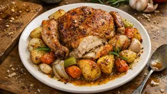 丸鶏を野菜と一緒に焼くだけ—白ワイン香る田舎風ローストチキン、焼き汁ソース付き